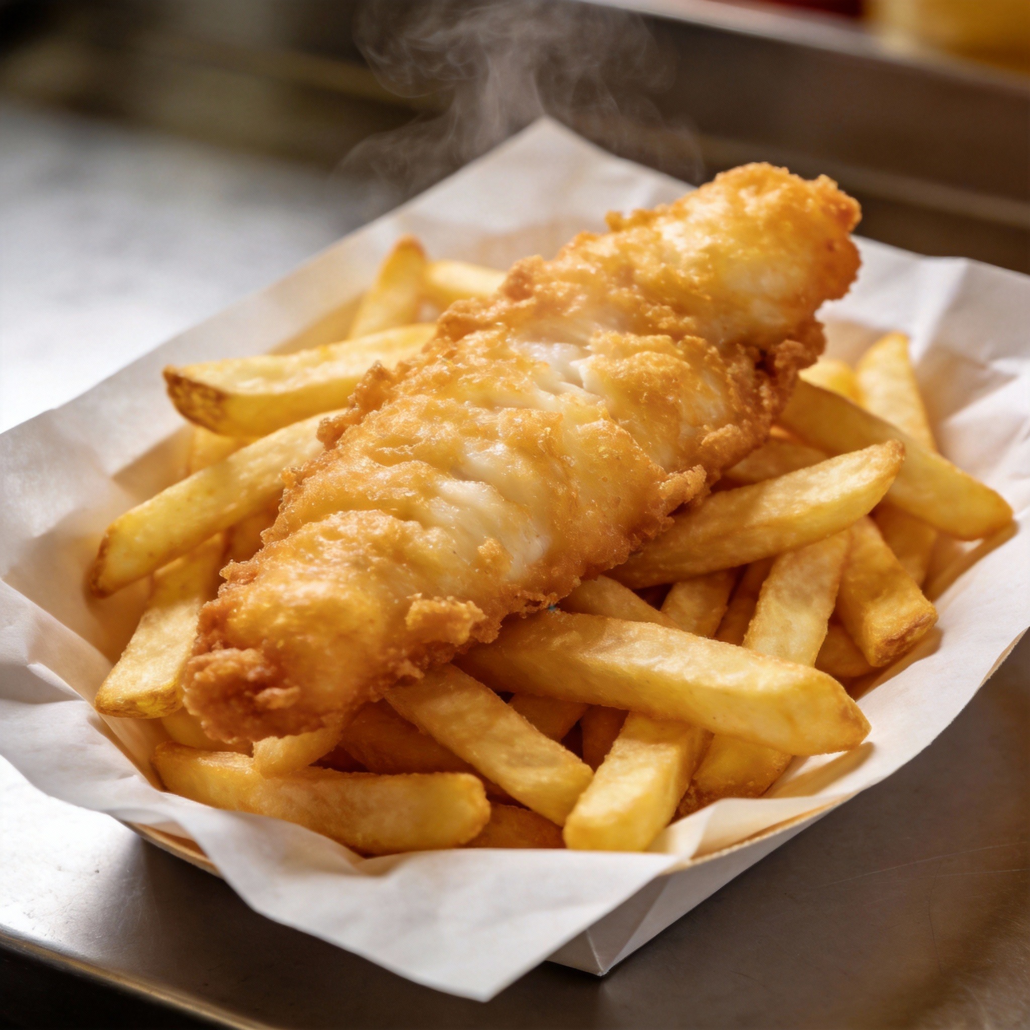 Golden battered fish with crispy chips - our signature dish