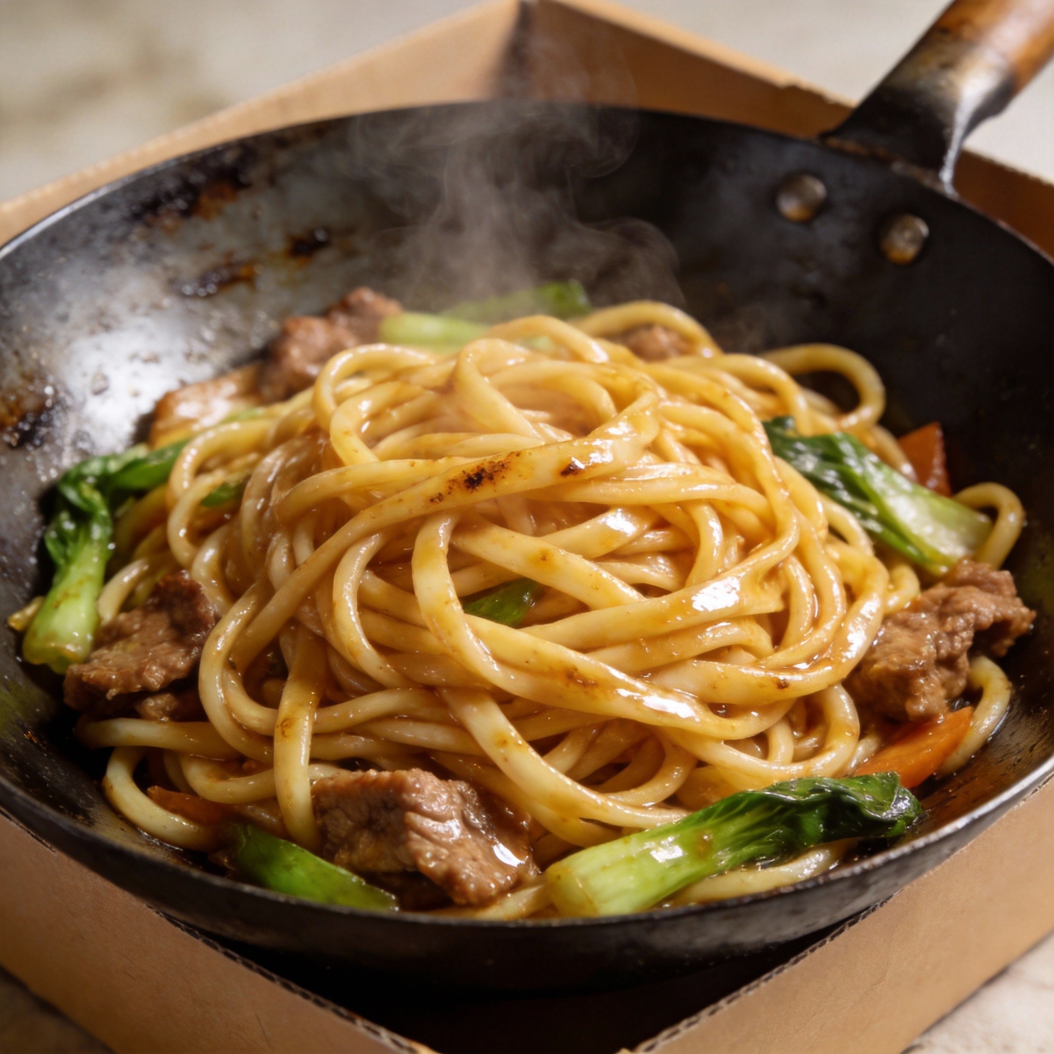 Stir-fried noodles with tender beef and fresh vegetables