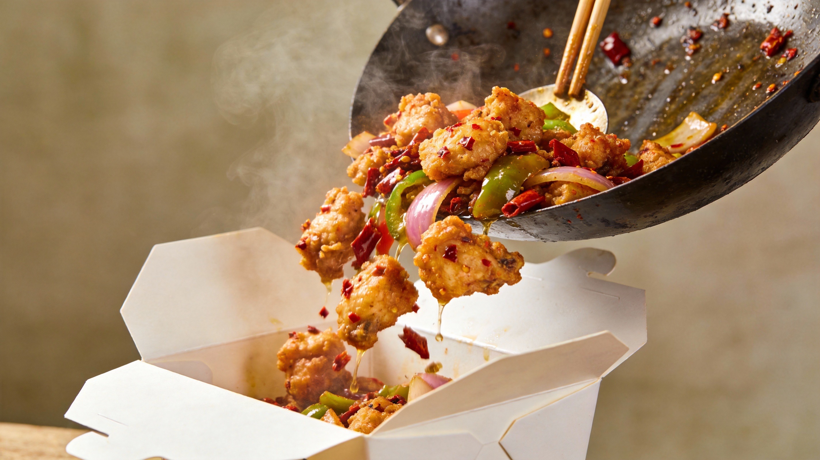 Salt & pepper chicken being served fresh from wok into takeaway box